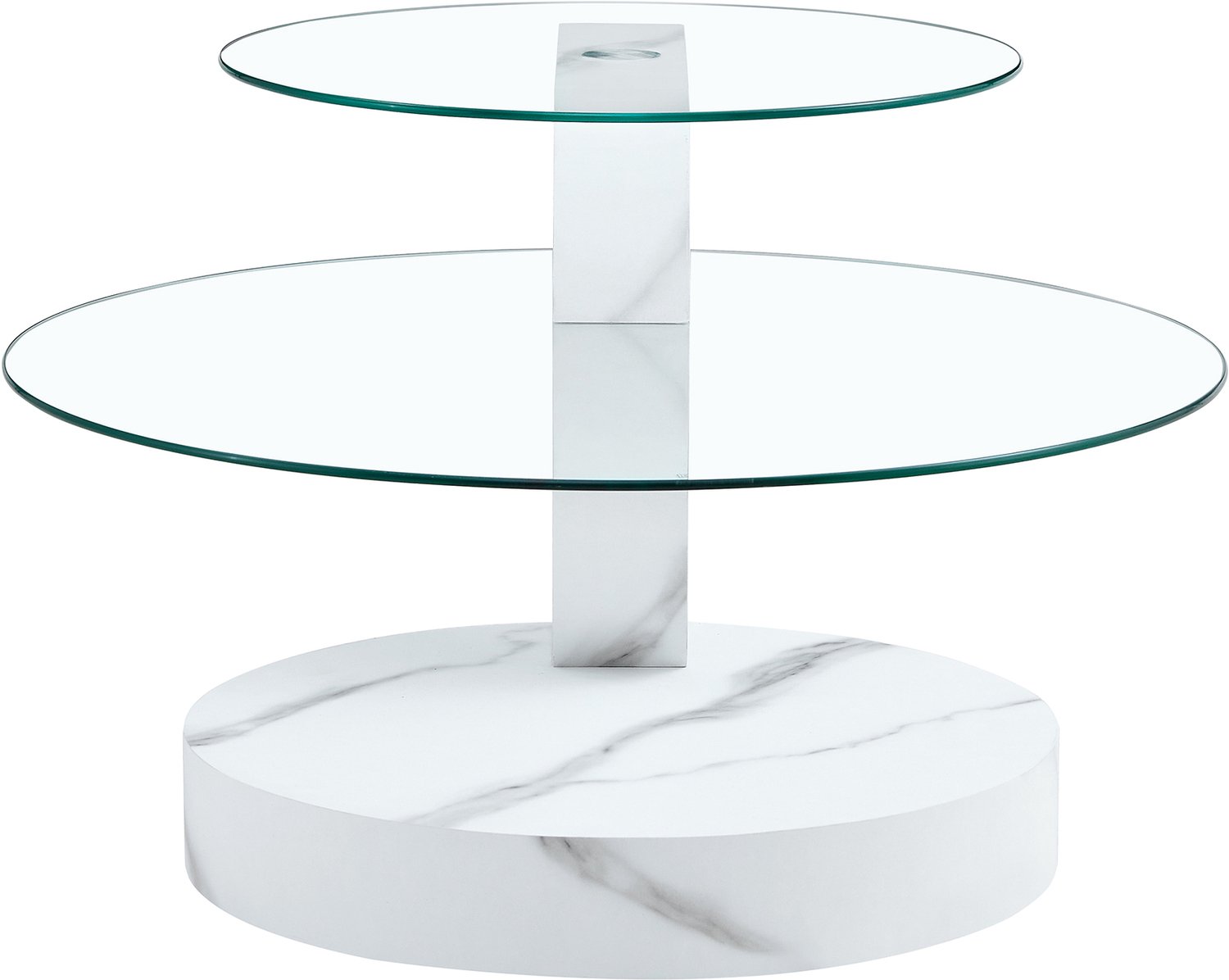 MUVANO Glazen salontafel met witte marmerlook - Twee niveaus - Open opbergruimte - MDF en veiligheidsglas - Ø 50 en 70 cm - Voor de woonkamer - Wit