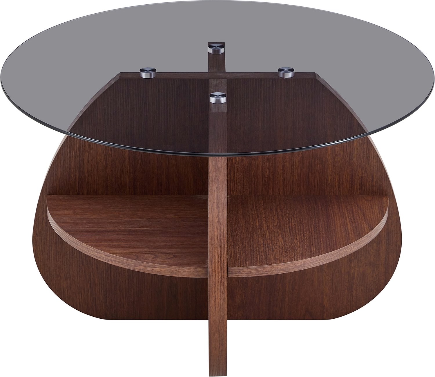 MUVANO Ronde glazen salontafel - Gehard glas - Drie gebogen MDF-poten - Ø 69,9 cm - Voor woonkamer en lounge - Transparant en donkere walnootkleur