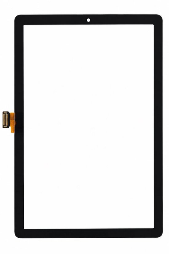 Zwart glazen touch-scherm voor tablet met witte displayopening en aansluitkabel aan de zijkant.