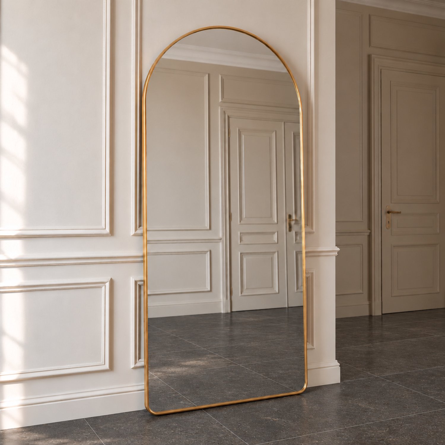 Passpiegel Gebogen spiegel (ca. 180 × 80cm) – volledige lengte, staand model, kantelbaar, aluminium frame, geschikt voor woonkamer, slaapkamer of kleedkamer, goud frame gouden 4