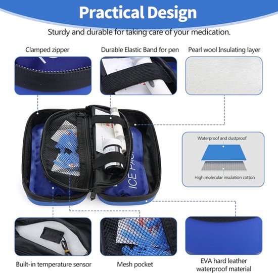 Insuline koeltas - met 2 Ice Packs - Diabetische Reistas - Insuline Etui - diabetes tas medische etui - koeltasje voor op reis - Draagbare Medische Koeltas - blauw — afbeelding 4