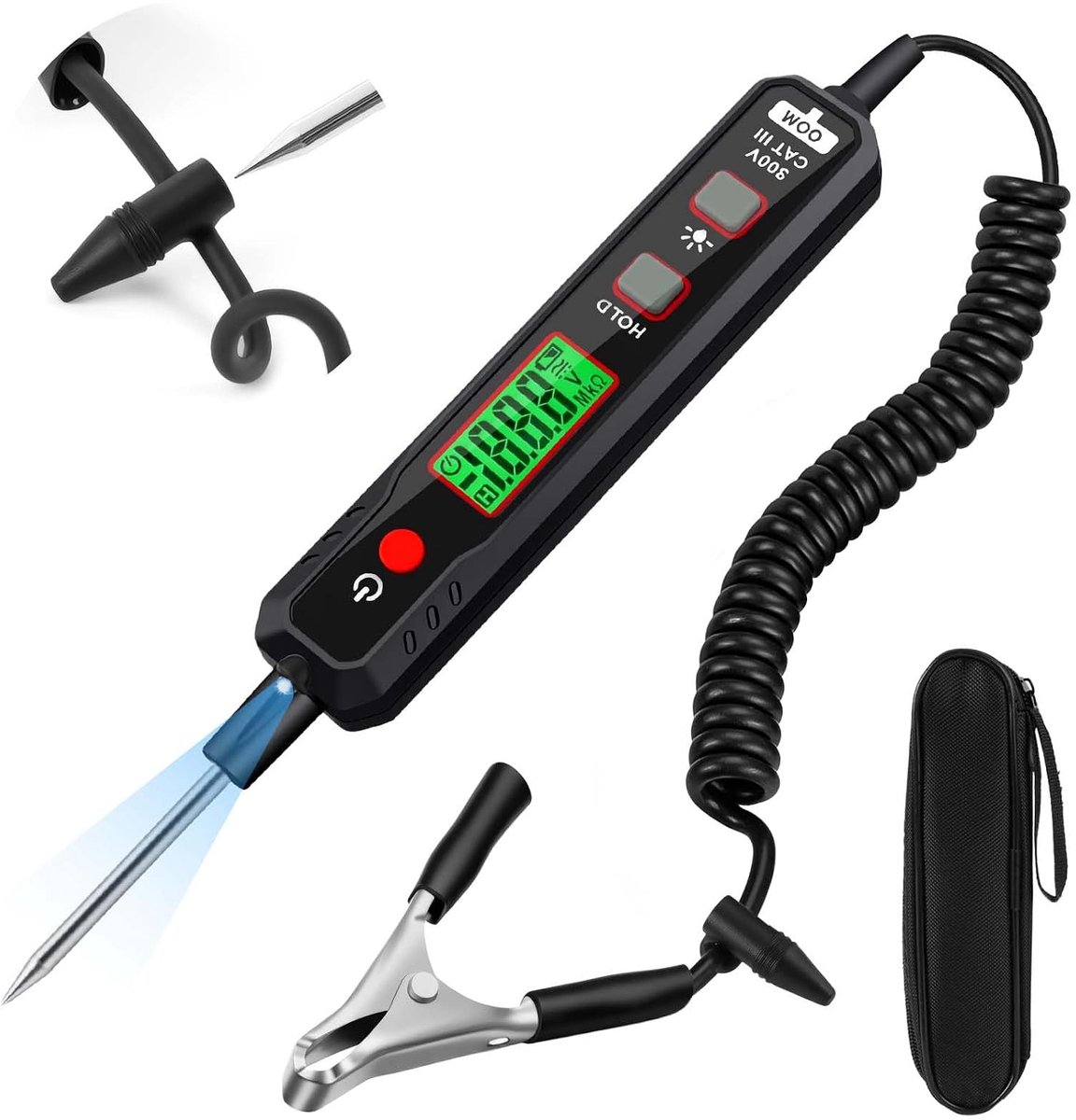 Intelligente circuit tester, 0,8V-100V DC spanningstester, met digitaal display met achtergrondverlichting, zaklamp, krokodilklemmen en automatische modus, kan worden gebruikt voor continuïteits- en weerstandsmetingen bij voertuigdiagnose.