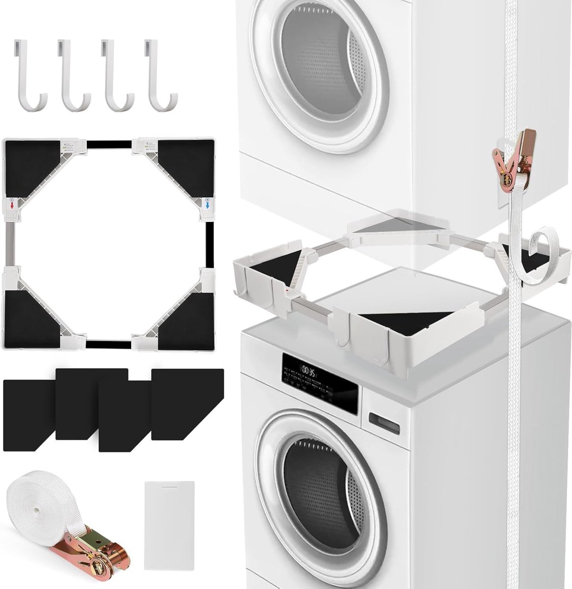 Verstelbare Wasmachine Stand met Accessoires, Universele Overlay Kit voor Wasdroger en Wasmachine van 50 tot 70 cm, Inclusief Cricchetto Straps