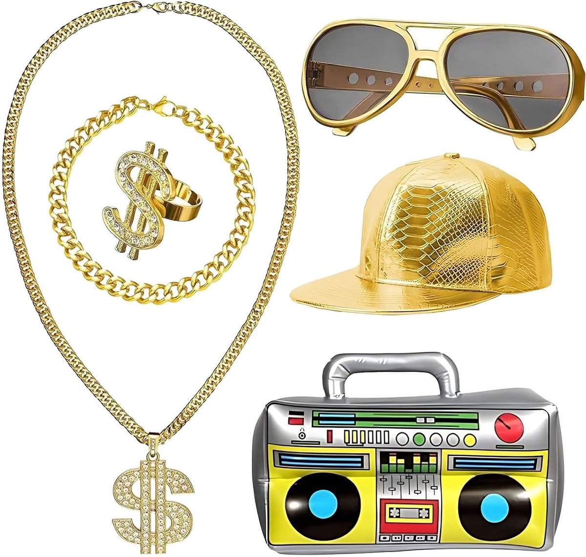 Hip Hop Kostuum Set met Hoed, Dollar Ketting, Ring, Gouden Armband en Zonnebril voor Carnavalsfeest en Retro Themafeest