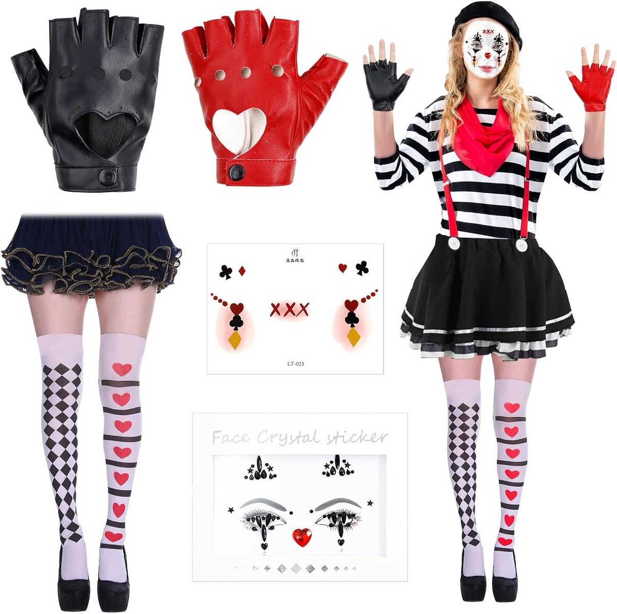Clown Tattoo Set voor Carnaval met Harlequin Gezichtstatoeages, Halfvinger Handschoenen en Dames Kousen voor Halloween en Cosplay Performances