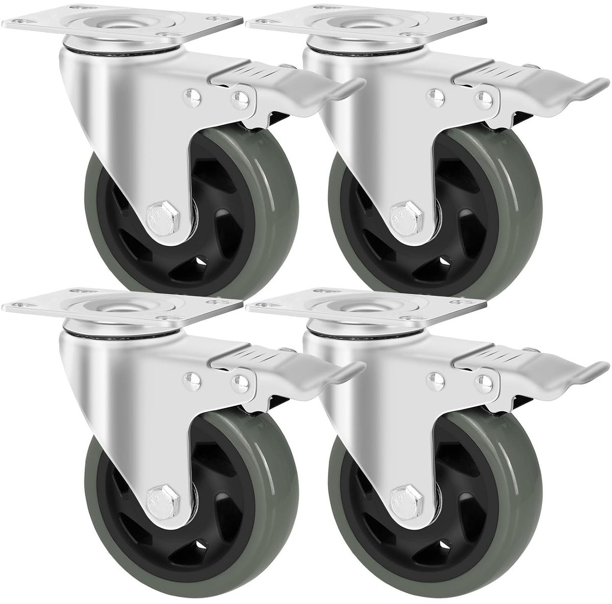 Set van 4 Zwenkwielen 100 mm met Rem, Draagvermogen 600 kg, Geluidsloze Transportwielen voor Meubels en Gereedschapskoffers, Ideaal voor Industrie en Logistiek