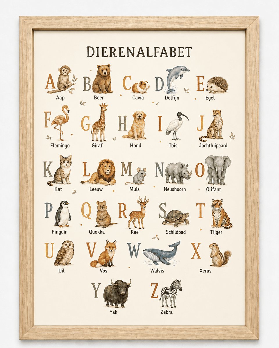 Dierenalfabet Poster | Alfabet met Dieren | Kinderkamer Wanddecoratie | Inclusief lichtbruine A3 Lijst