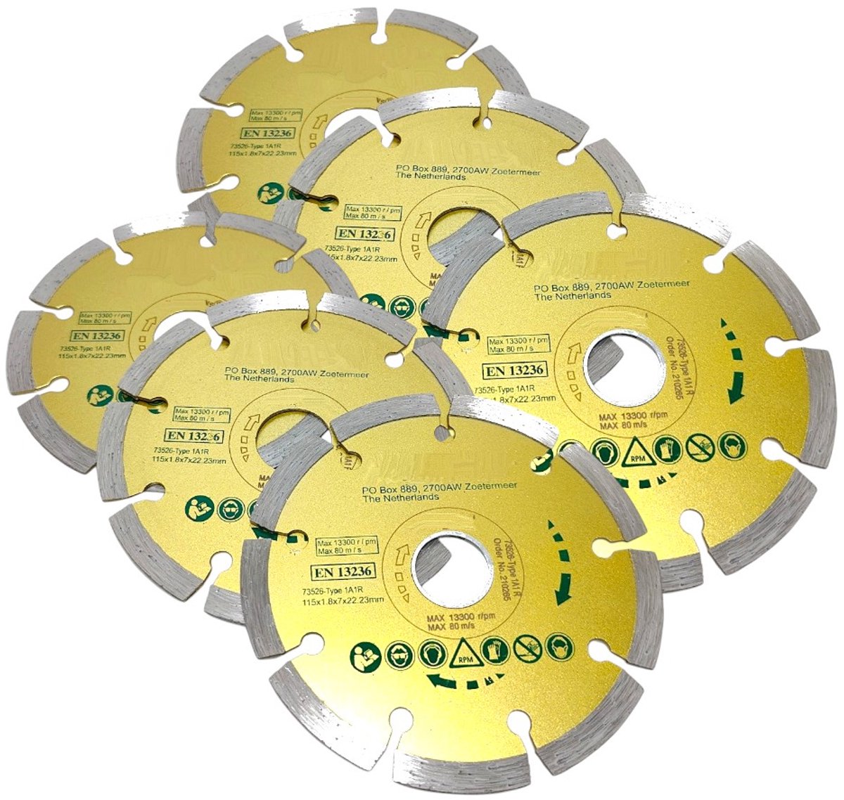 Diamantschijf 115mm Segment Doorslijpschijf Droog/Nat incl. Verloopring Set van 6