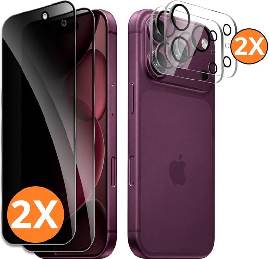 Twee paarse iPhones, één met twee screenprotectors en één met twee cameraprotectors op de achterkant. Oranje cirkels met '2X' geven de hoeveelheid aan.