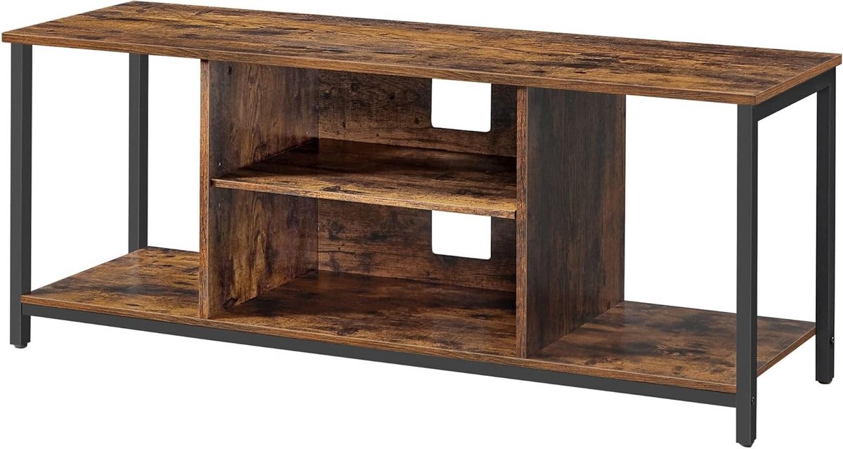 TV-kast TV-meubel Opbergkast 120 x 40 x 50 cm, Vintage Bruin + Zwart, 4 Open Planken met Kabeldoorvoer, Metalen Frame, Verstelbare Poten, voor TV tot 60 inch, Woonkamer