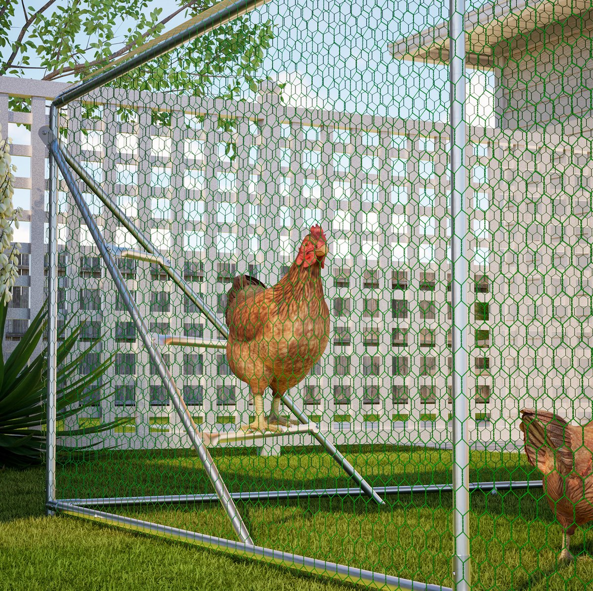 Kippenren – Versterkte Metalen Constructie – 303 x 600 x 200 cm – Grijs – PVC-Dak En Kippenladder
