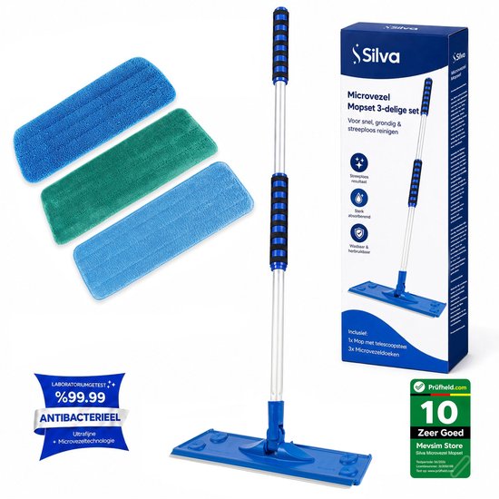 Ensemble de serpillère microfibre Silva avec manche télescopique et trois chiffons bleus et verts.