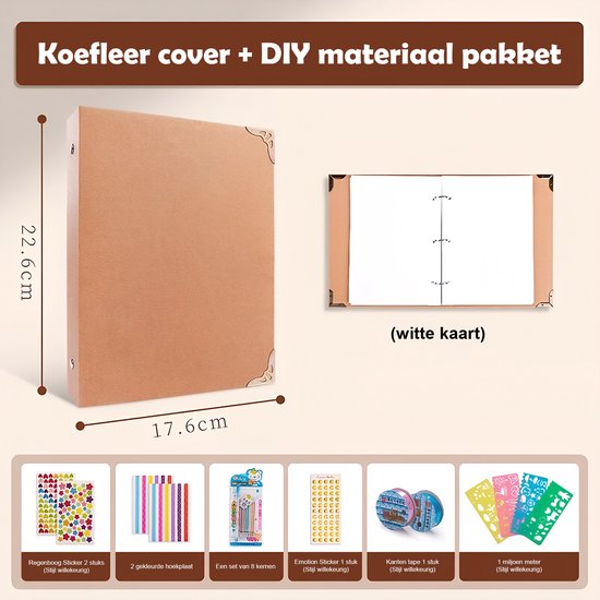 Bruin fotoalbum met afmetingen van 22,6x17,6 cm, geleverd met een DIY-pakket inclusief stickers, tape en sjablonen.