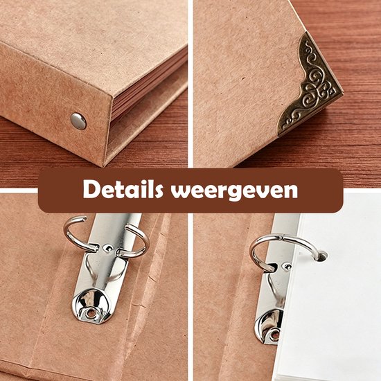 Details van een bruin fotoalbum: kaft, metalen hoekjes en het drie-rings mechanisme.