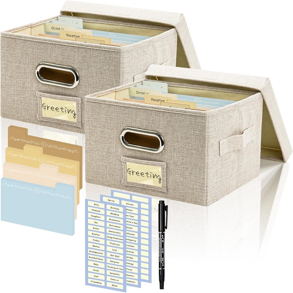Wenskaartenorganizer - Beige - Opbergdoos met 20 Scheidingswanden - Voor het Bewaren van Wenskaarten en Foto's
