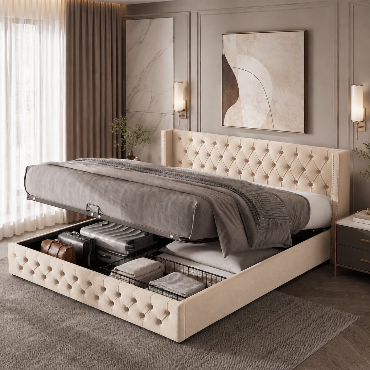 Clruro Opbergbed - 180x200 cm - Hydraulisch - Vleugelhoofdbord met Klinknagels - Flanel - Beige