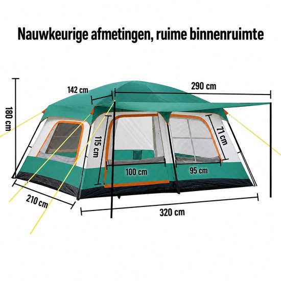 Blinxz.store – Ruime 4-6 Persoons Trekkerstent met 2 Slaapkamers en Luifel- campingtent - Groen - Tent 4-6 personen - Koepeltent — afbeelding 5