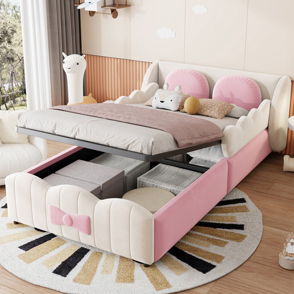 STILVORA Kinderbed 90 x 200 cm – Gestoffeerd Fluwelen Bed – Hydraulische Opbergruimte – 2 Sierkussens – Kinderkamer – Beige en Roze – Zonder Matras