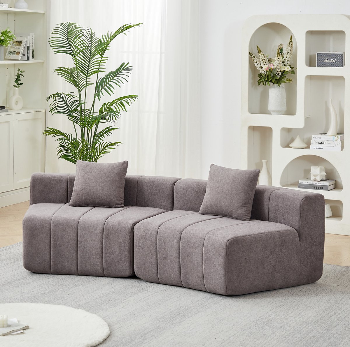 REDOM - Gebogen bankmodule - Modulair ontwerp - 2 kussens - Halfronde opstelling - Chenille - Grijs - 223 x 83,8 x 73,6 cm