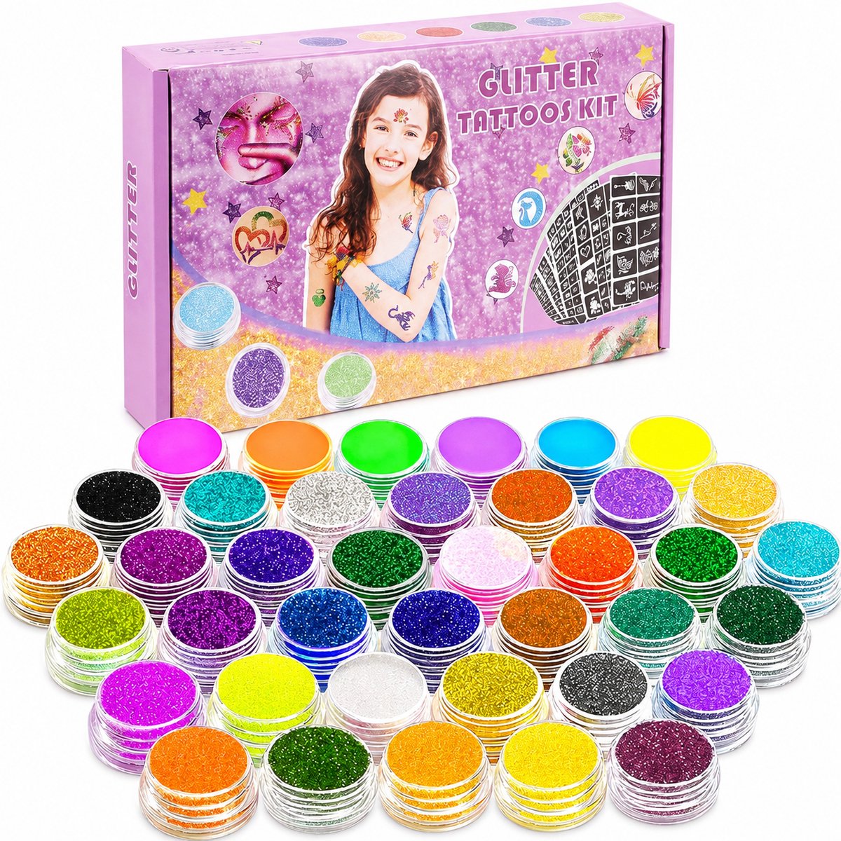 Glitter Tattoo Set – 42 Kleuren met Glow-in-the-Dark – 204 Sjablonen, 3 Tattoo-Lijmen, 5 Kwasten en Diamantstickers – Voor Kinderen vanaf 6 Jaar en Volwassenen
