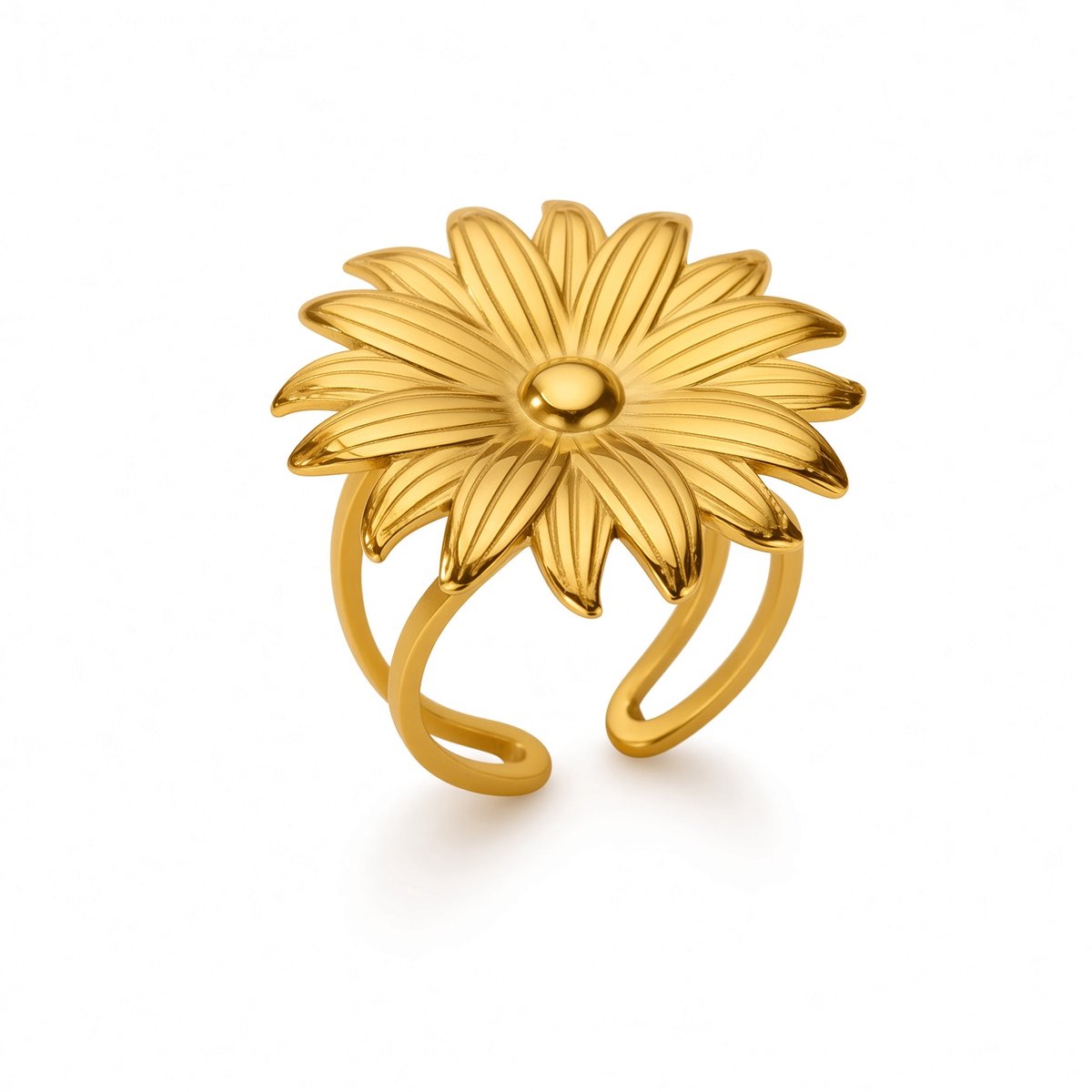 Goudkleurige Hypoallergene Zonnebloem Open Ring - Waterproof - 316L RVS - No-Fade | Verstelbaar