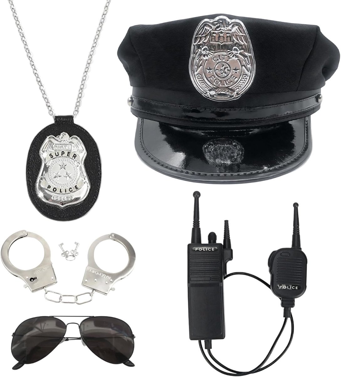 Set van 5 politie accessoires - zwarte politie pet, politie badge met koord, radio, handboeien en zwarte bril voor volwassenen, ideaal kostuum voor carnaval en feestjes