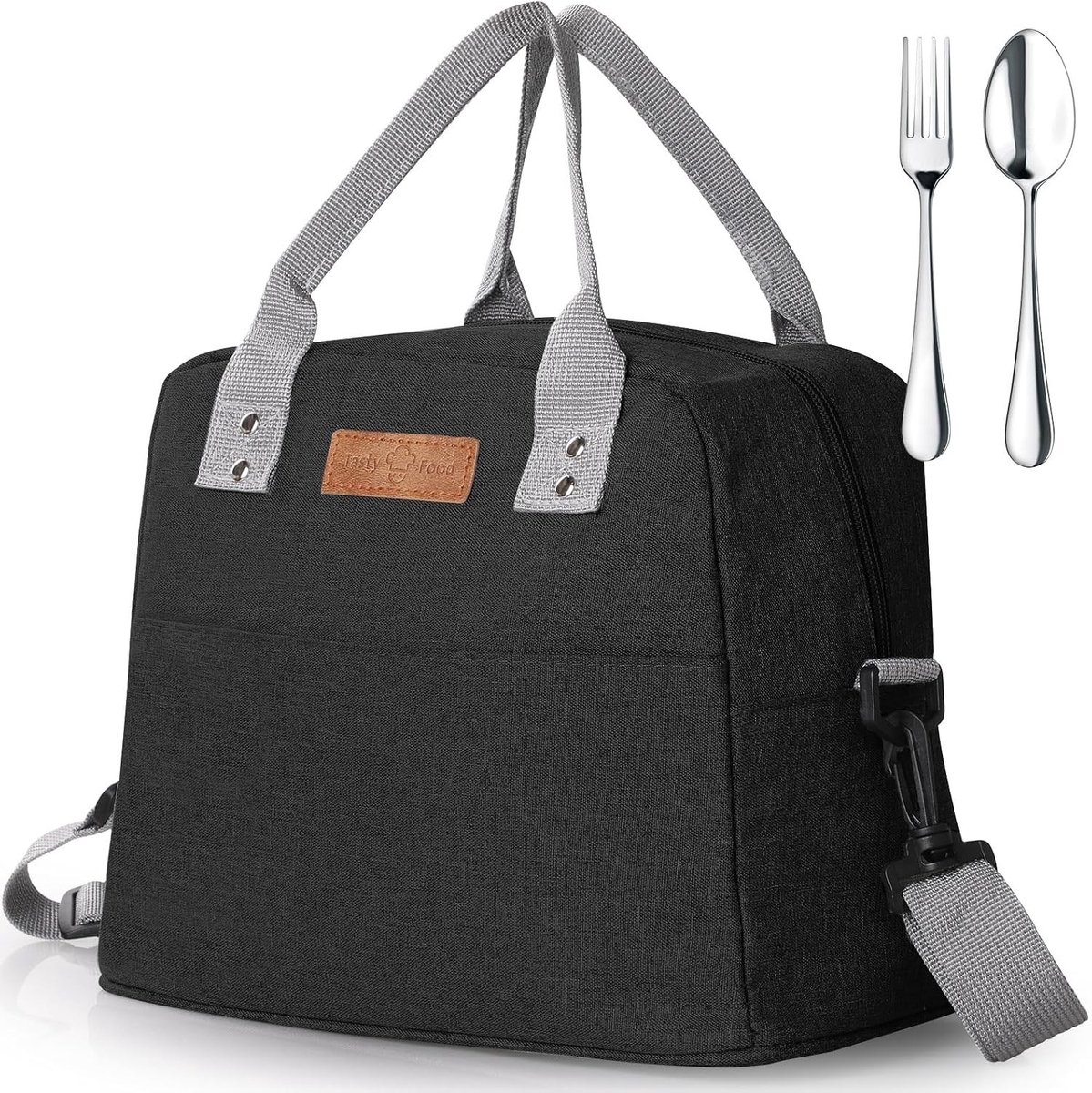 Lunchbag met Bestek en Verstelbare Strap - Ruime, Waterdichte en Lekvrije Koeltas voor Picknick, School en Werk - Herbruikbare Geïsoleerde Voedsel Organizer voor Volwassenen en Kinderen - Zwart