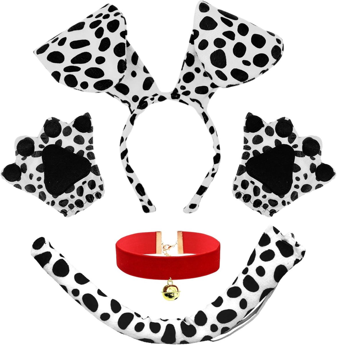Dalmatian Kostuum met Hondenoortjes, Hondentail en Ketting voor Halloween, Carnaval en Cosplay voor Volwassenen en Kinderen