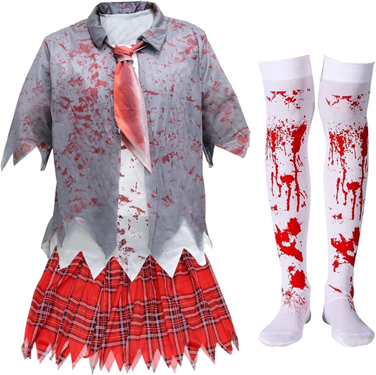 Creepy Schoolgirl Kostuum voor Halloween, Vrouwelijk Zombie Kostuum met Verrassende Details en Griezelige Accessoires