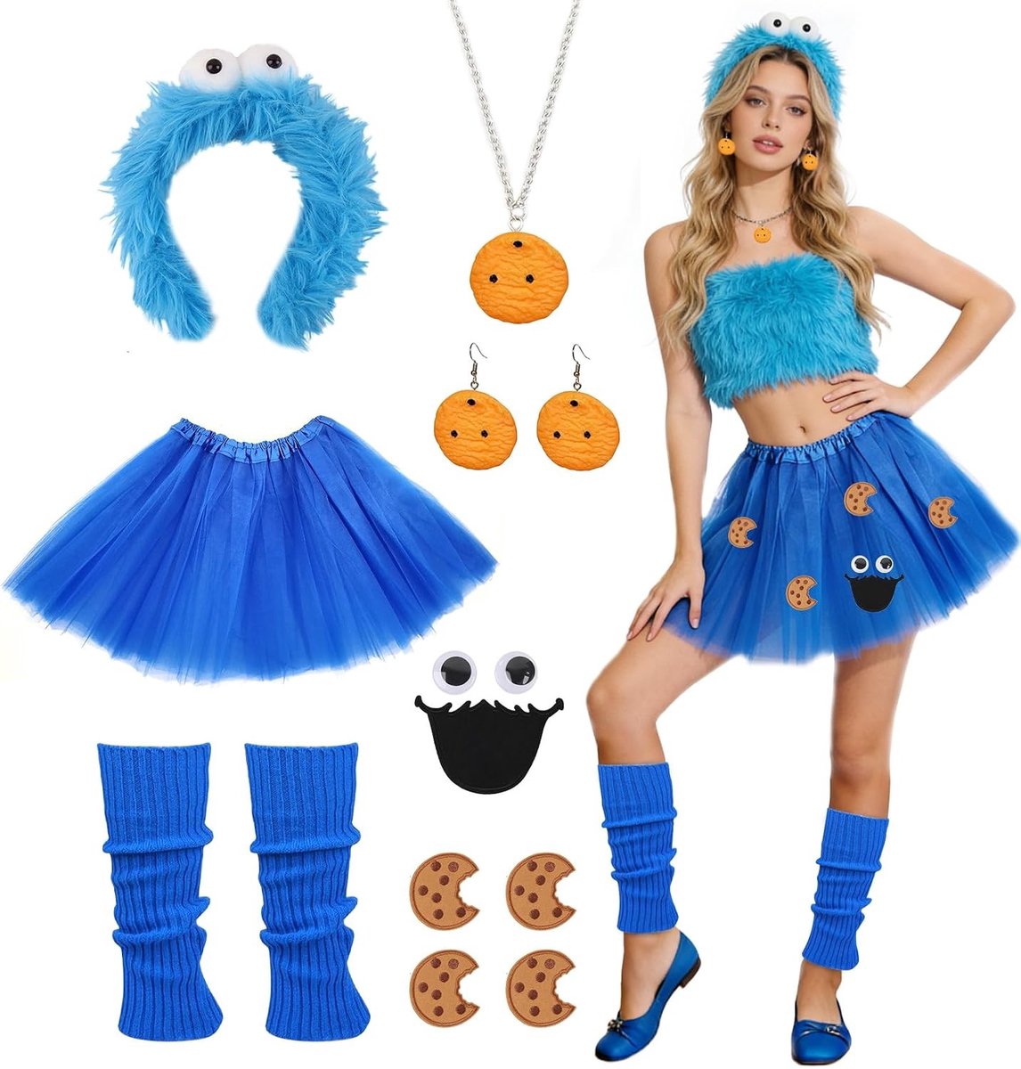Set van 7 blauwe kostuums voor vrouwen, grappige carnaval kostuums, comfortabel en perfect voor feesten, themafeesten en verkleedpartijen