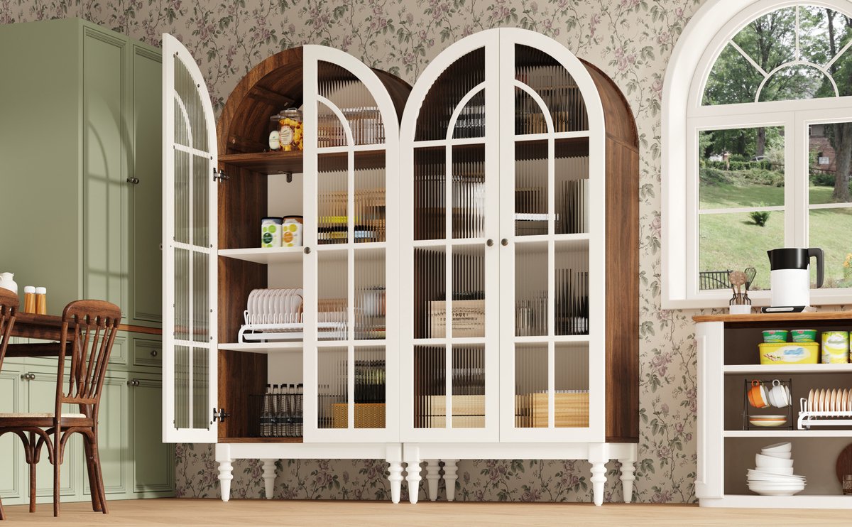 REDOM - Vitrinekast set van 2 - Boogfront - Dubbele geribbelde glazen deuren - 3 legplanken - MDF en metaal - Wit en bruin - 76 x 38,5 x 165 cm