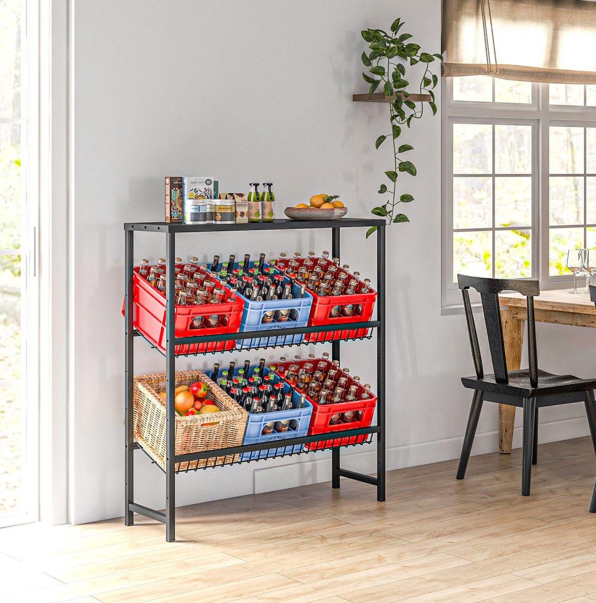 Drankkrattenrek – Vrijstaand Voor 6 Kisten – 103 x 33 x 113,5 cm – Staal – Zwart – 3 Etages – Verstelbaar