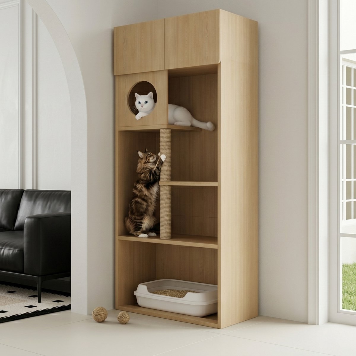 Kattenkrabmeubel – Krabpaal – 80 x 45 x 193 cm – MDF – Natuurkleur – Kattenkast met kattenhol