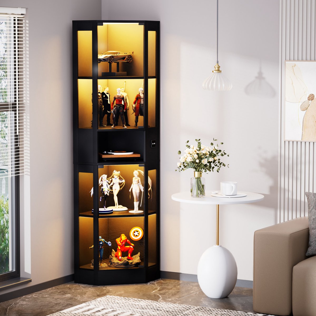 DESMIU Vitrinekast - Vijf Etages Met Glazen Deuren En Ledverlichting - Voor Woonkamer En Slaapkamer - MDF En Glas - 57 x 40 x 165 cm - Zwart
