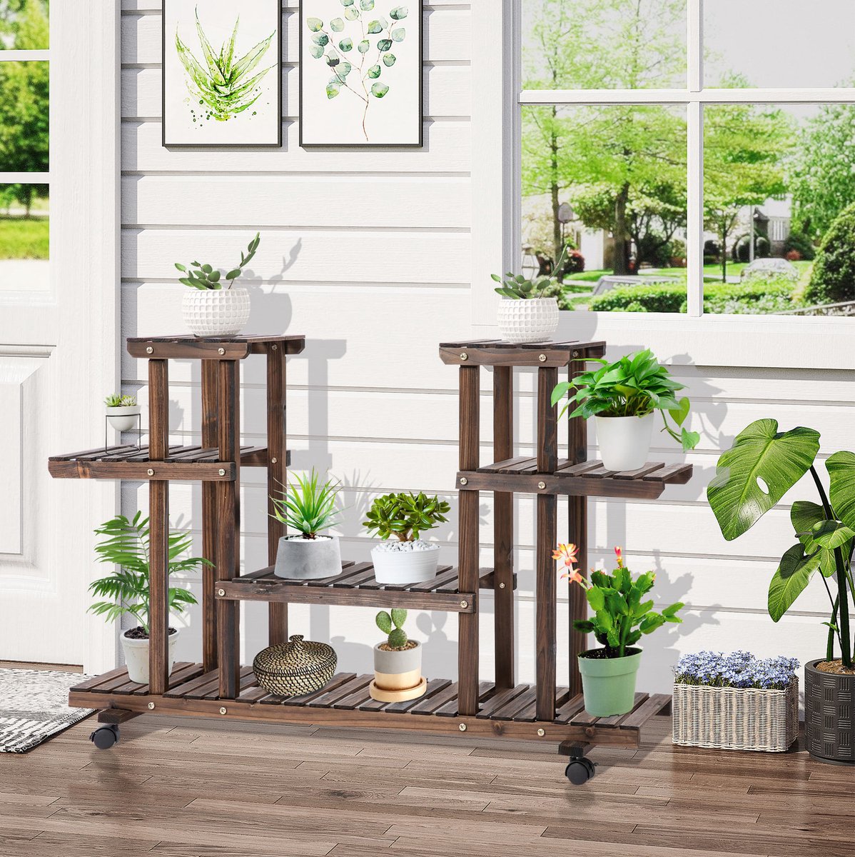 Plantenrek – Vierlaags met Wielen – 123,5 x 33 x 80 cm – Hout – Donkerbruin – Binnen en Buiten