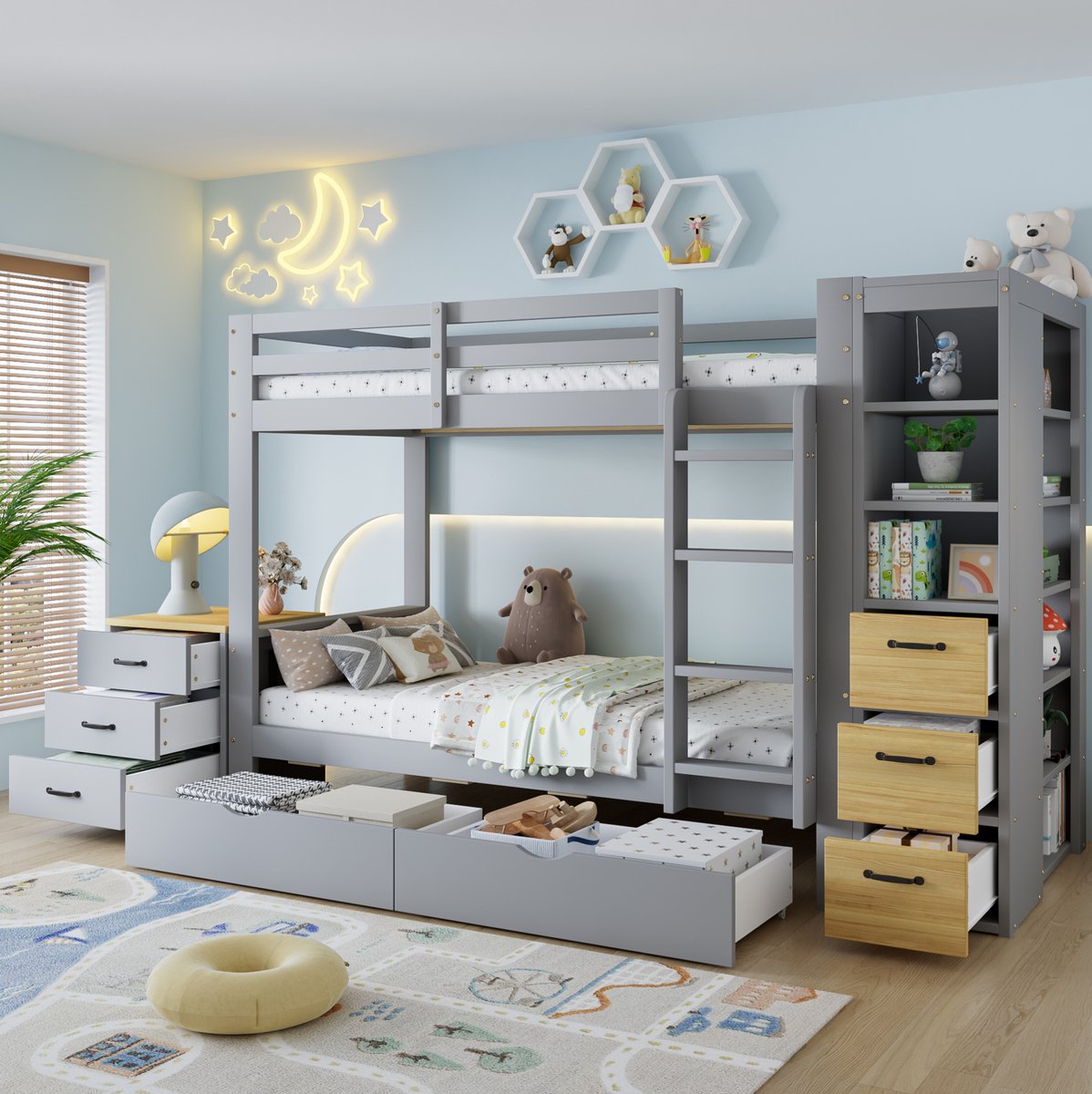 REDOM - Stapelbed - Twee slaapplaatsen 90 x 200 cm - Bedlades en zijopbergkast - Ladder en losse nachtkast - Hout en MDF - Lichtgrijs en naturel