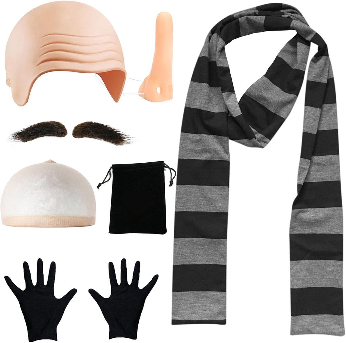 7 Stuks Kale Kostuumset voor Volwassenen, Perfect voor Carnaval en Halloween, Inclusief Lange Neus en Handschoenen