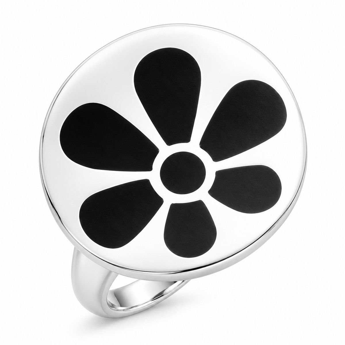Mbrace Zilveren Ring Dames - Statement Ring met Zwarte Onyx Bloem - 925 Sterling Zilver - Uniek en subtiel hol gebogen Ronde ring - Maat 17,25 mm