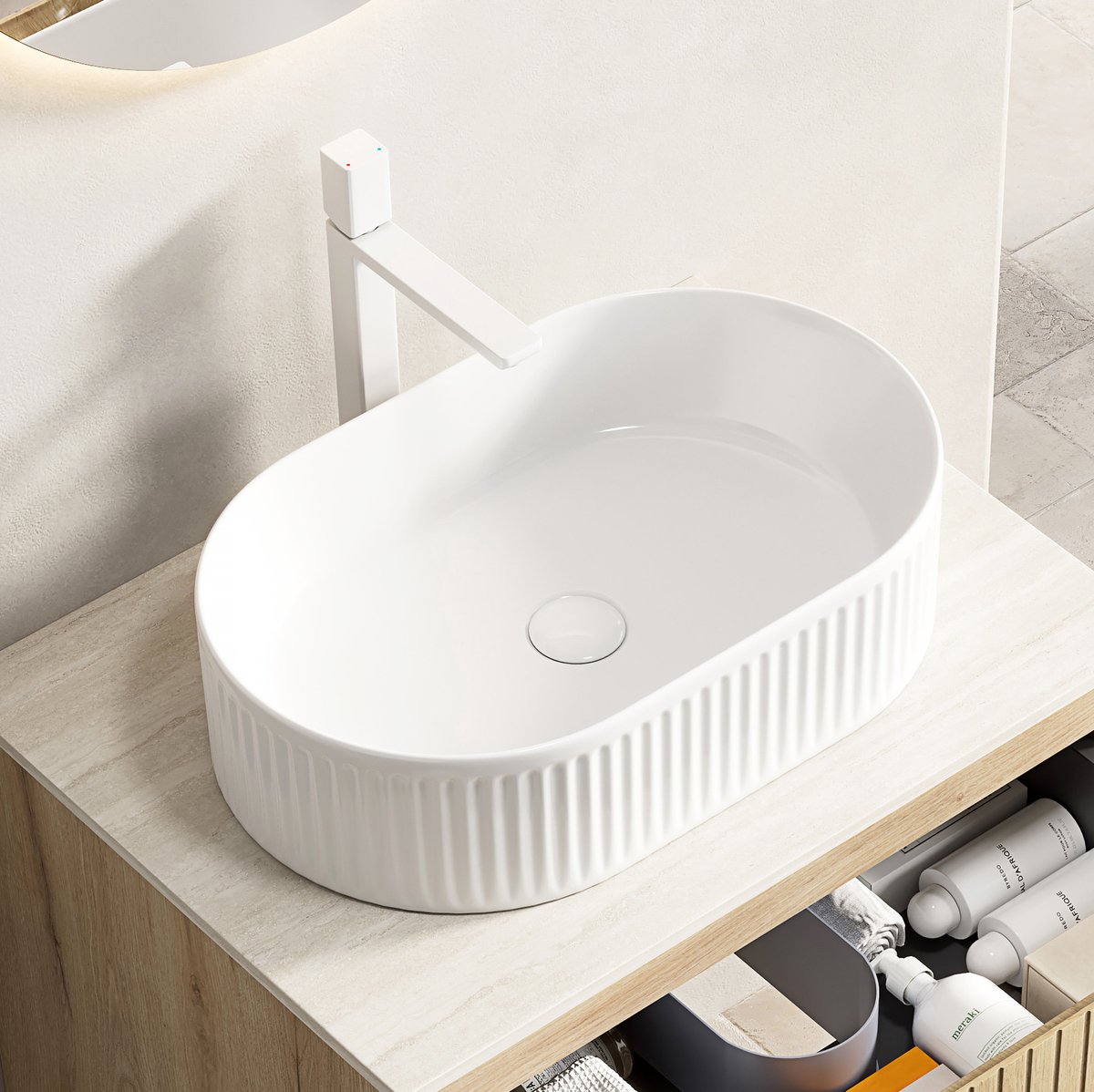 DESMIU Waskom - Ovale Opbouw Met Verticale Strepen - Voor Badkamer - Keramiek - 49 x 31 x 13 Cm - Wit - Zonder Kraan En Afvoer