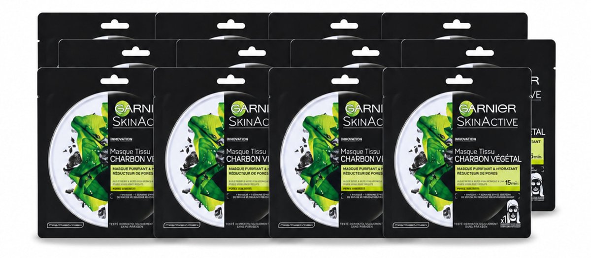 12 x Garnier - SkinActive - Tissue Masker - Charcoal - 1 Gezichtsmasker - Voordeelverpakking - 12 stuks