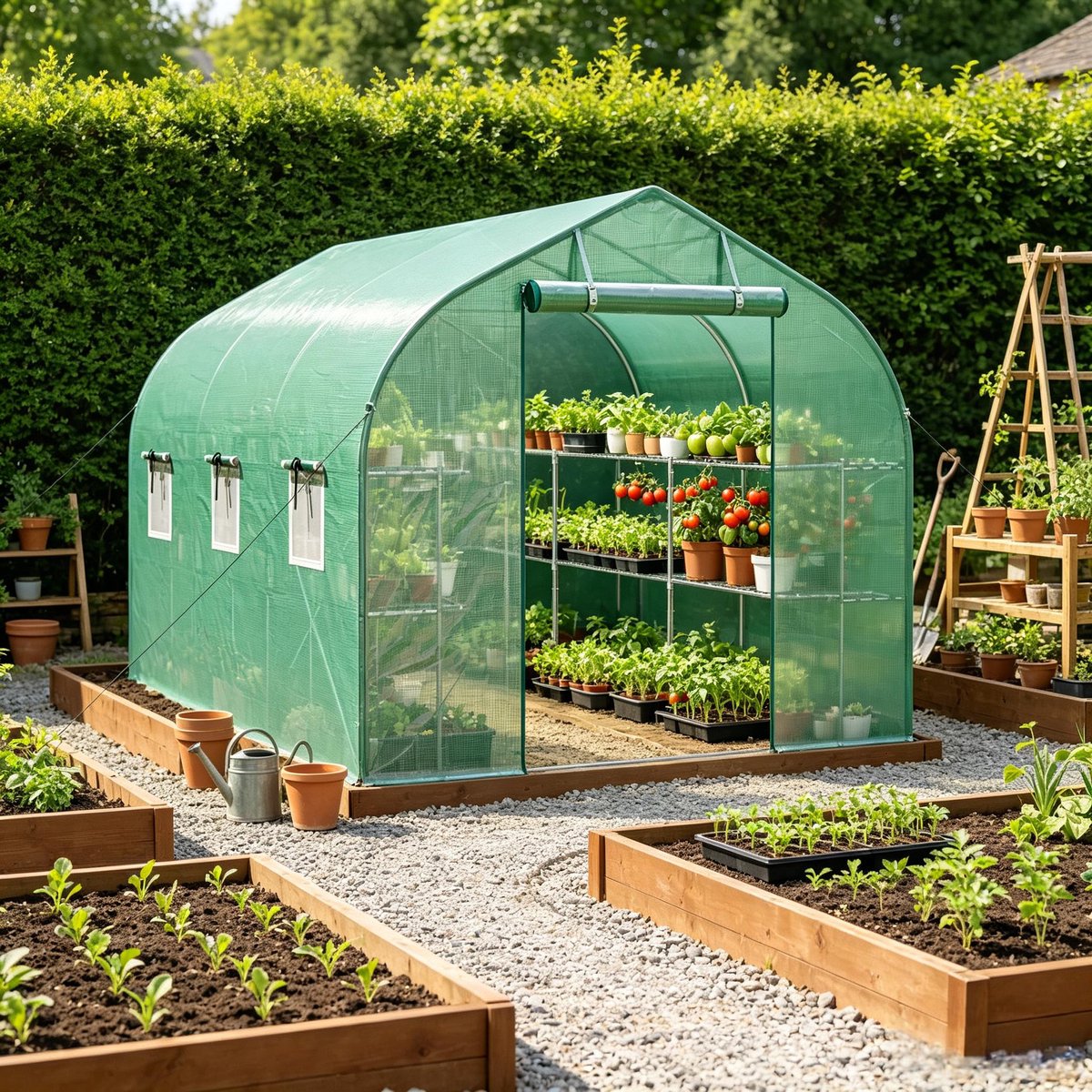 MODENUIT Tunnelkas – 198 x 293 x 194 cm – Gegalvaniseerd Staal – Groen – Met Rekken, Deur en 6 Ramen