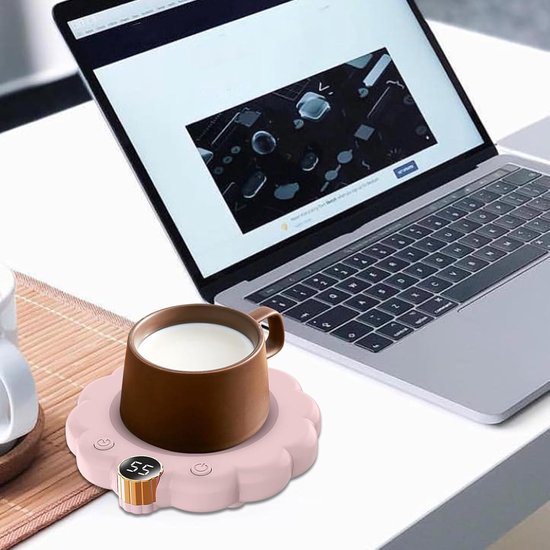 Elektrische bekerwarmer - warme onderzetter met constante temperatuur - automatisch opwarmende melkverwarmer - slimme voor kantoor met digitaal led-display - functie - roze — afbeelding 3