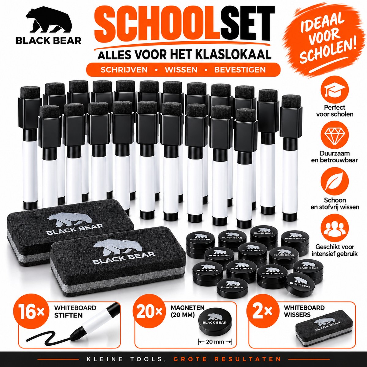 Black Bear Whiteboard Set 38-delig – 16 Whiteboard Stiften – 20 Magneten – 2 Whiteboard Wissers – Magnetisch – School & Kantoor