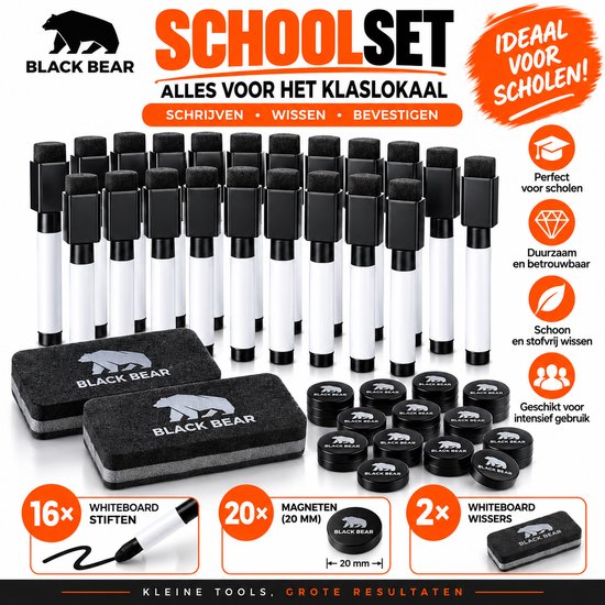 Black Bear School Set: 16 whiteboard stiften, 20 magneten (20 mm), 2 whiteboard wisser. Alles voor het klaslokaal. Schrijven, wissen, bevestigen. Duurzaam en betrouwbaar.