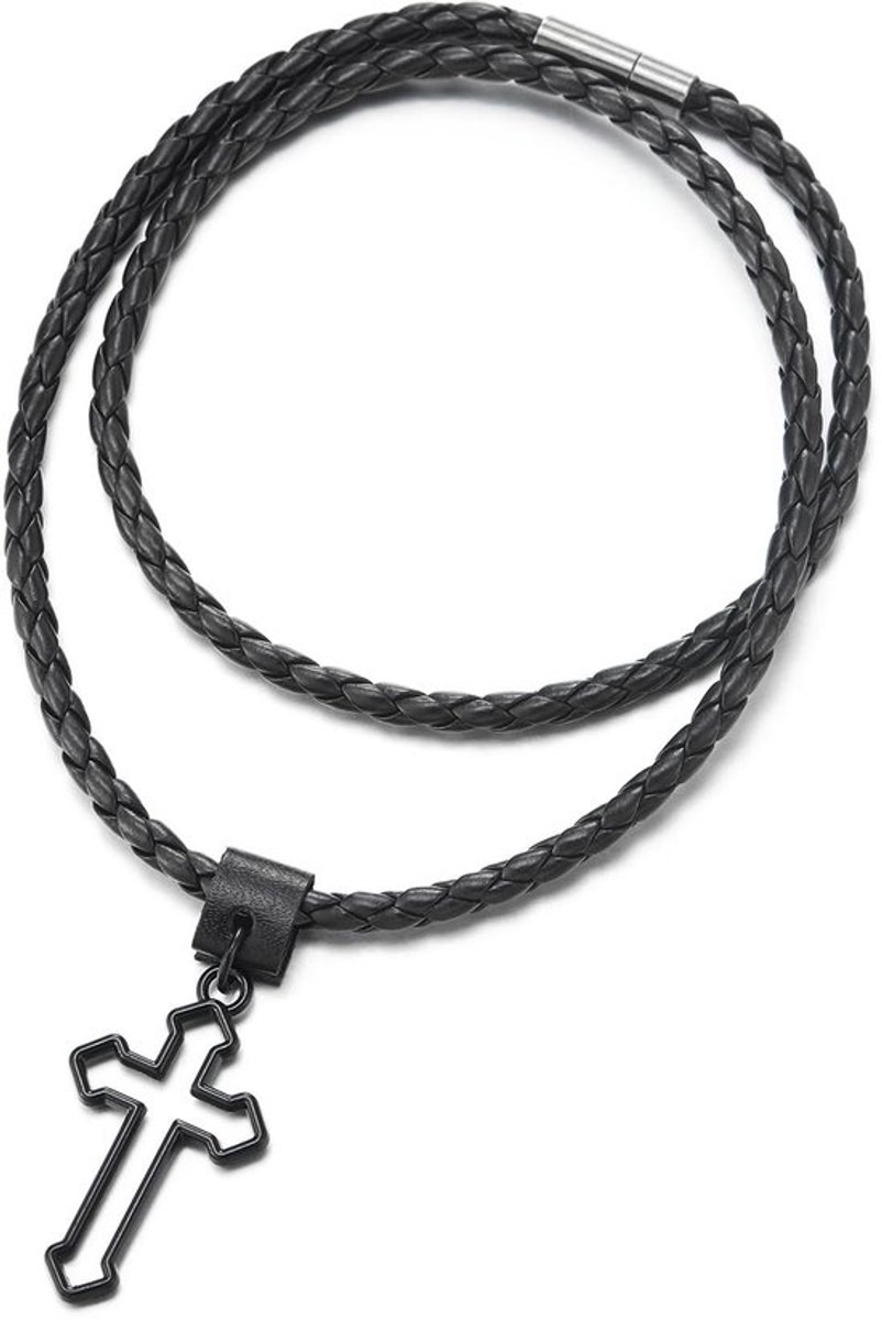 Jhubersproducts - Zwarte halsketting - Kruishanger - Zwart gevlochten leer - Unisex