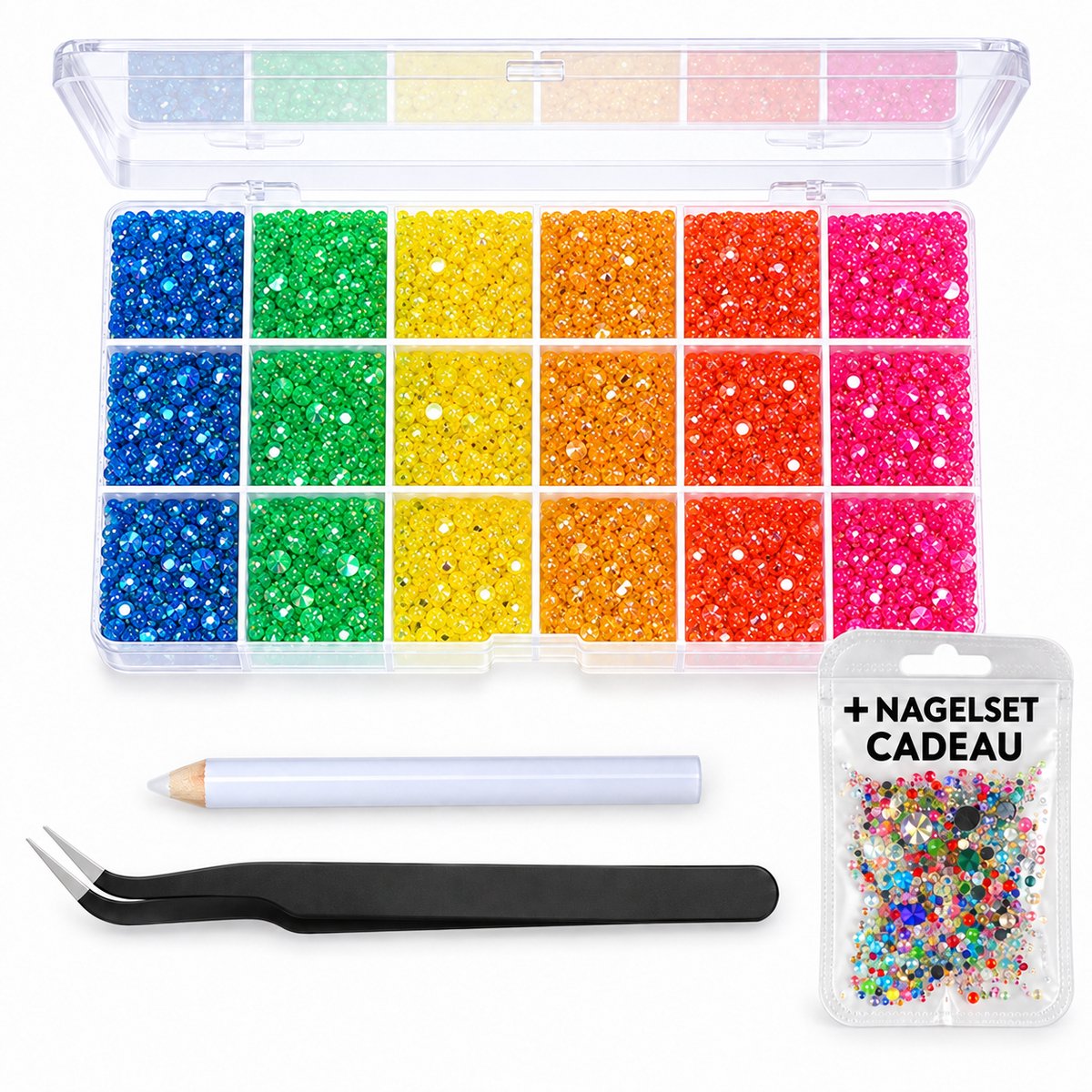 Currero Bedazzle Kit - Bedazzling - Plakstenen - Strass Steentjes - DIY Versieren - Set Met 14.500 Steentjes - 18 Vakken - Nagel Decoratie - AB Glitter - 3/4/5mm - Stijl L