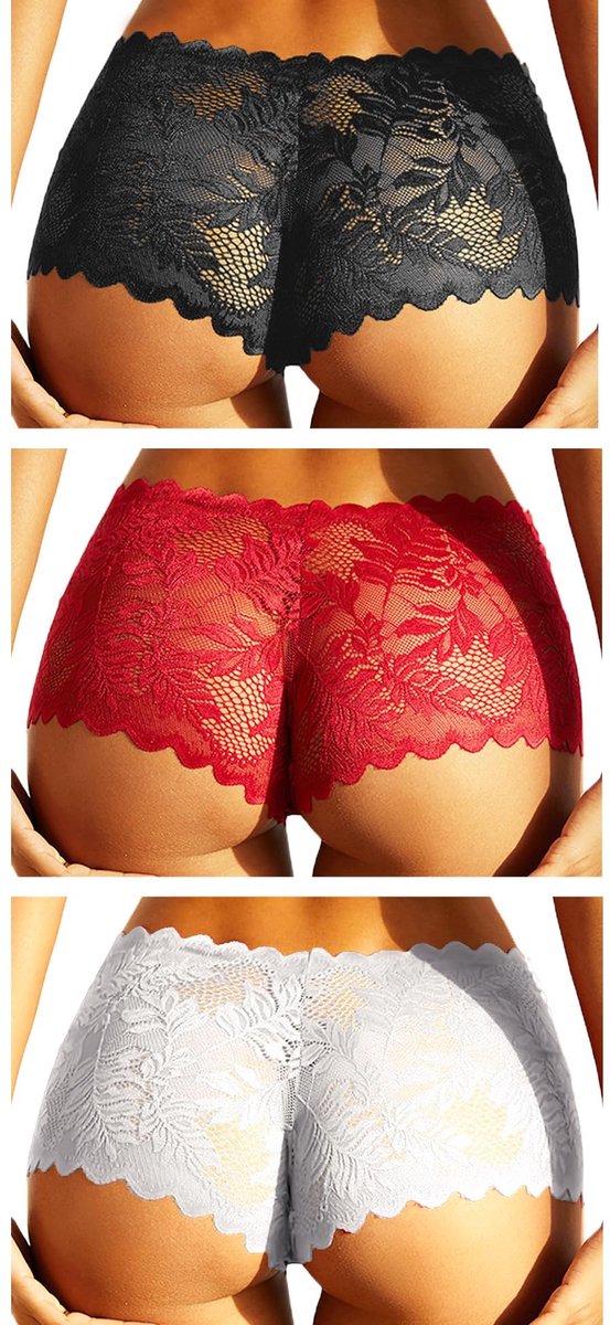 Elzusha - Lace string voor dames - Plus size - Zwart, Rood, Wit (3 stuks)