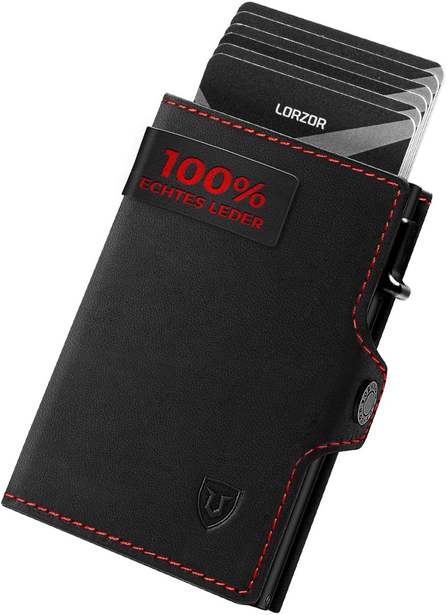 Elzusha - Dun Wallet voor Mannen - Echt Leer met Muntcompartiment - Zwart/ Rood
