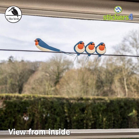 Een zwaluw met lange staart zit aan de linkerkant op een draad, met drie zwaluwen met oranje borst aan de rechterkant.