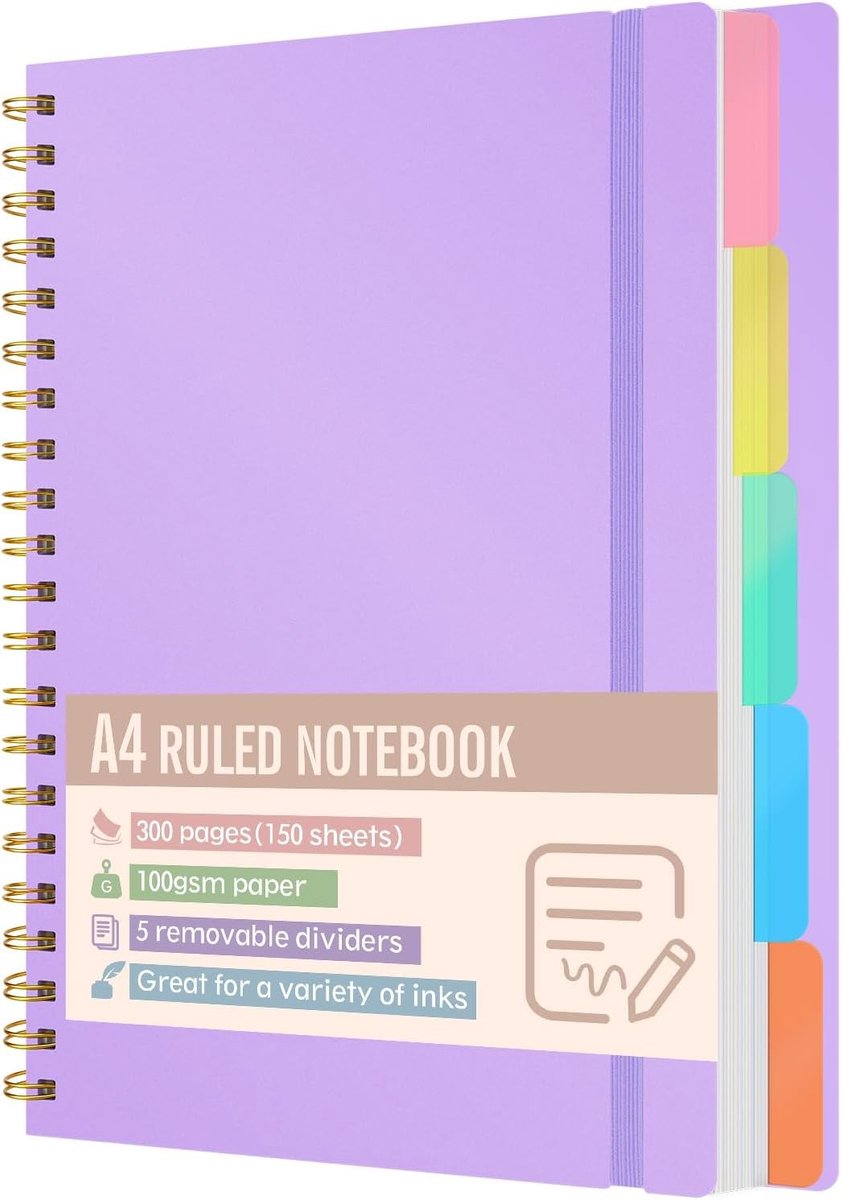 Notitieboek met Tabbladen - Paars - A4 - Hardcover met Spiraalbinding - Voor Studie en Kantoor